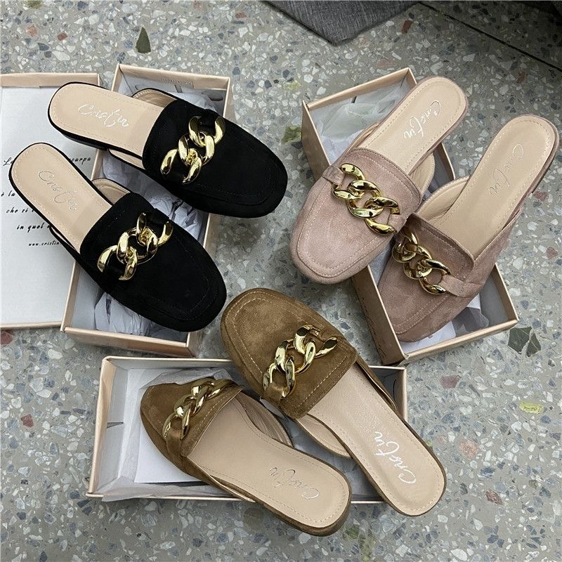 006-2夏季包头方跟包头拖通用马衔扣法式平底凉拖低跟春夏大码ins