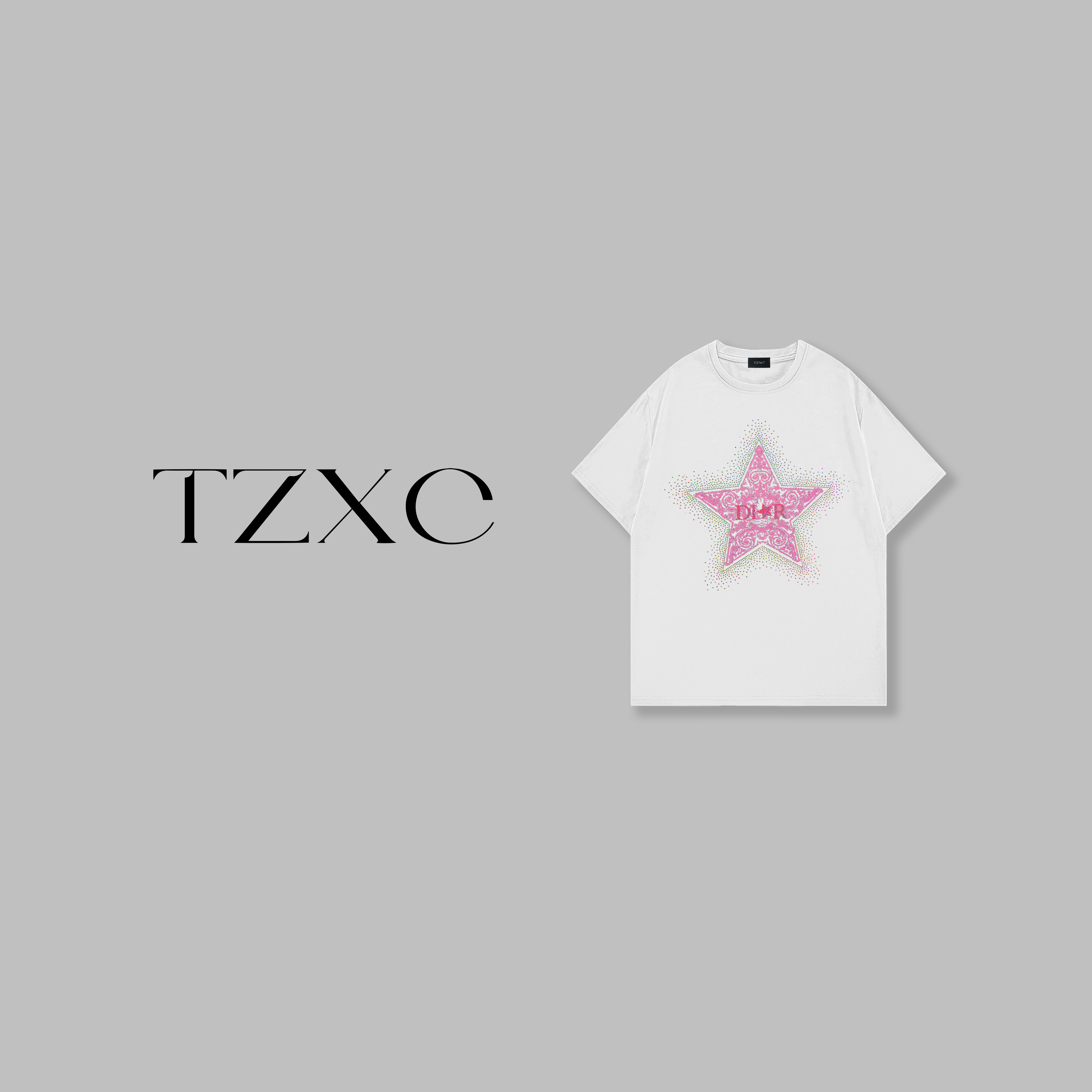 NZ-T072【六芒星】夏季新款重工星星镶钻印花设计款T恤