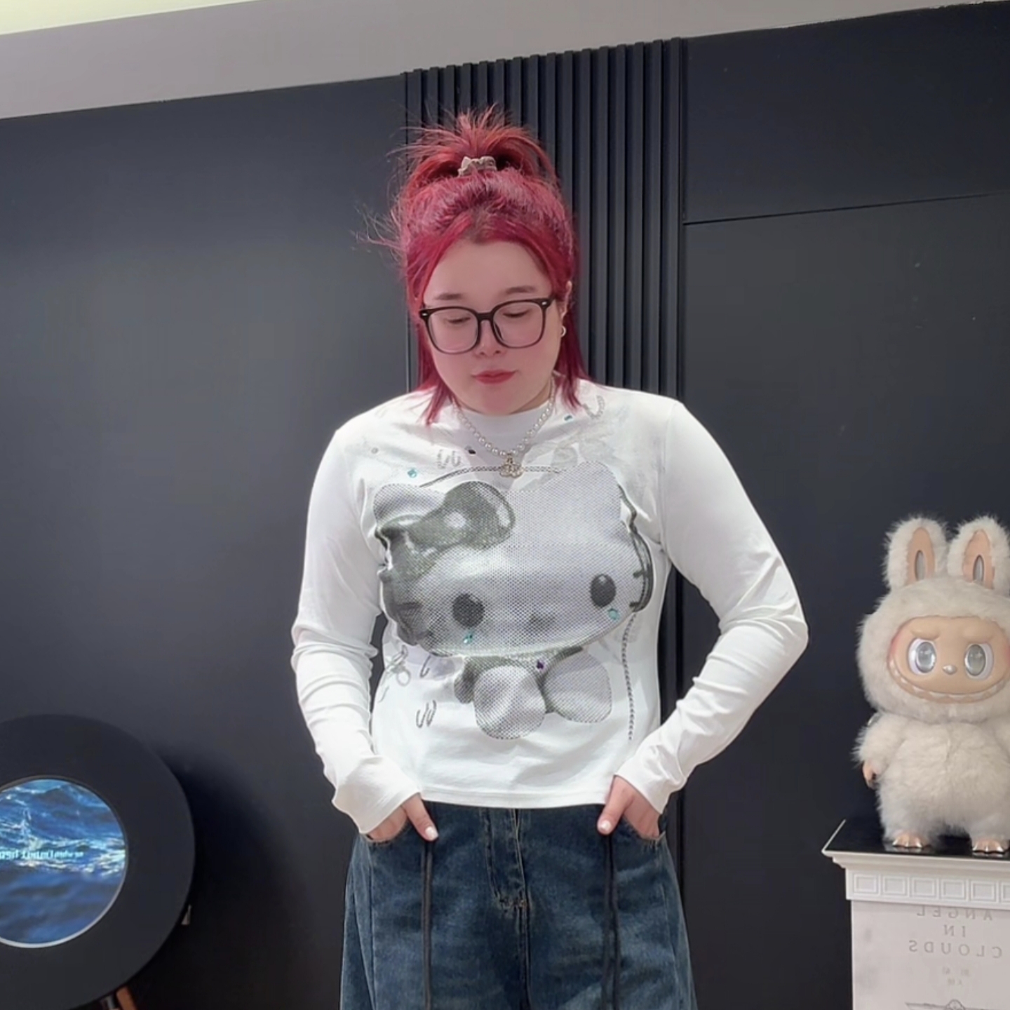 「涵涵家」美式甜辣妹复古猫咪印花长袖T恤女修身显瘦打底上衣#8875