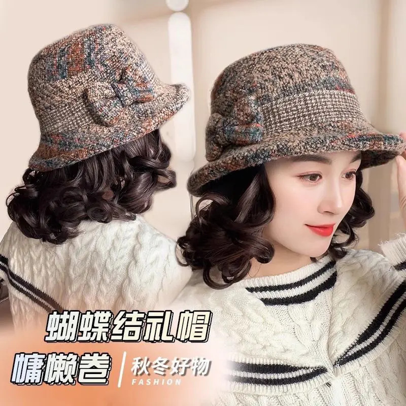 假发渔夫帽时尚帽子格子一体秋冬礼帽中老年妈妈洋气卷发盆帽头套