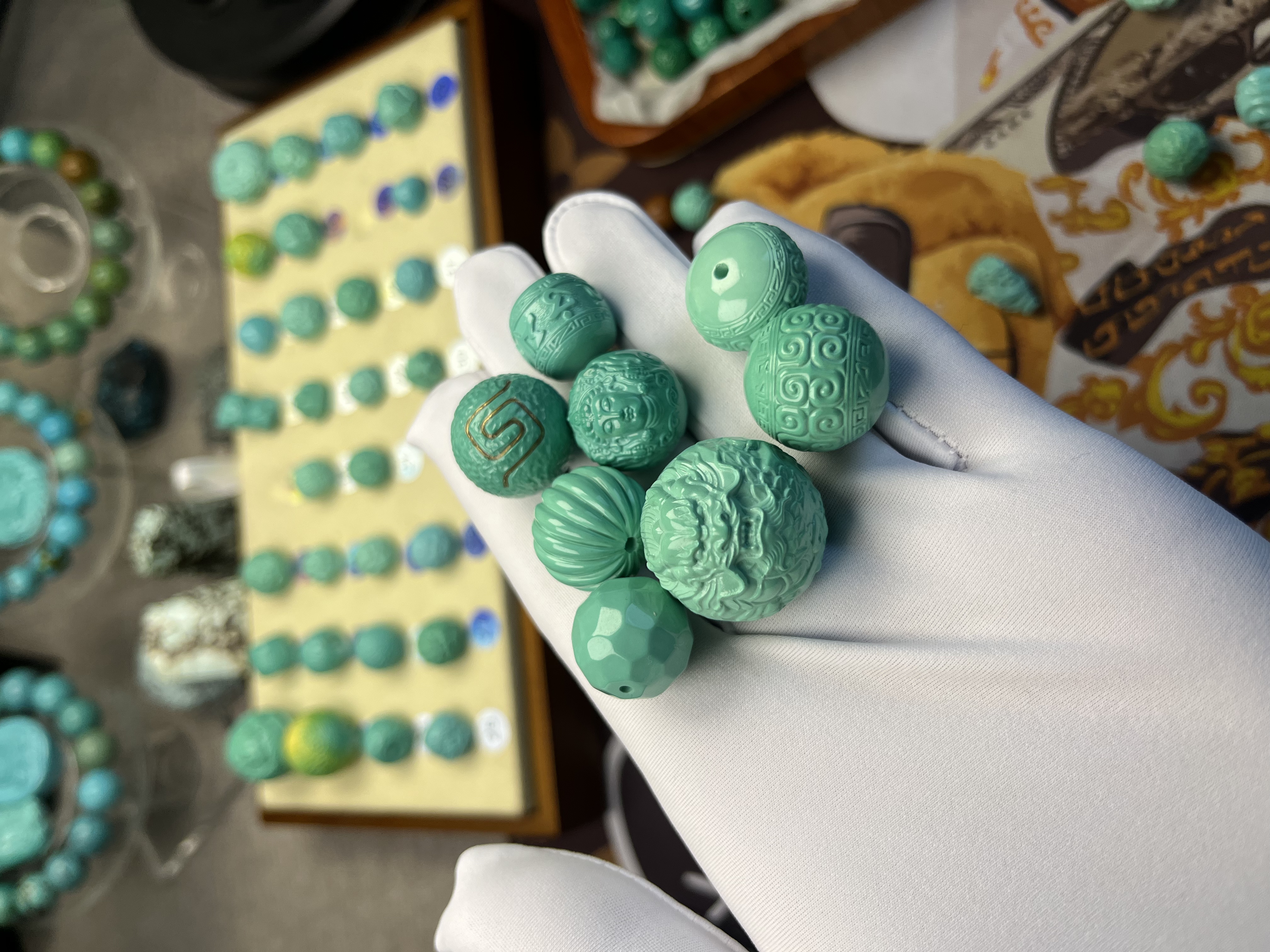 原矿湖北松回纹珠配饰，大黑天，财神爷，四神兽，莲花珠