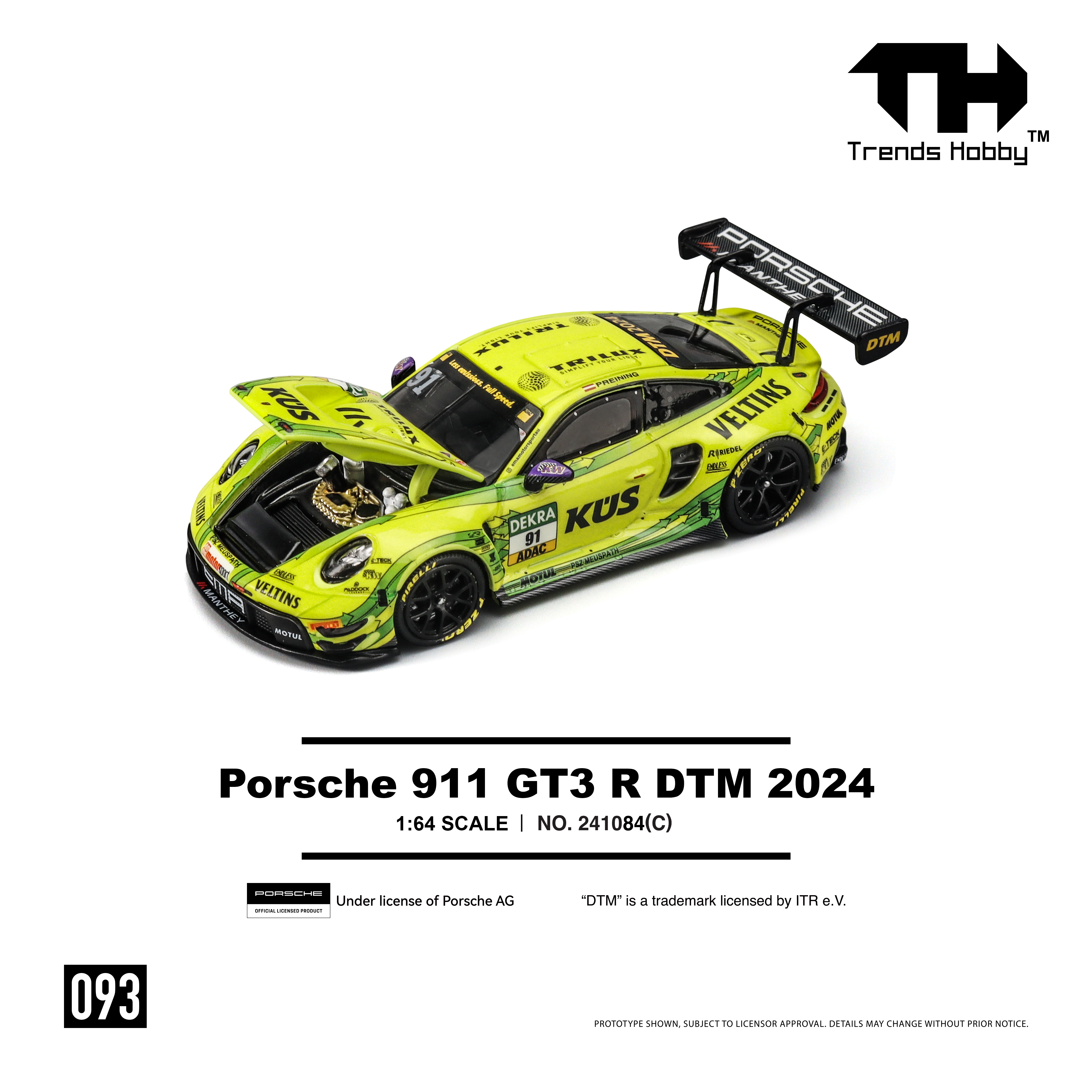 现货 TH 1/64 保时捷 911 GT3 R-DTM 2024 91号 黄色合金汽车车模