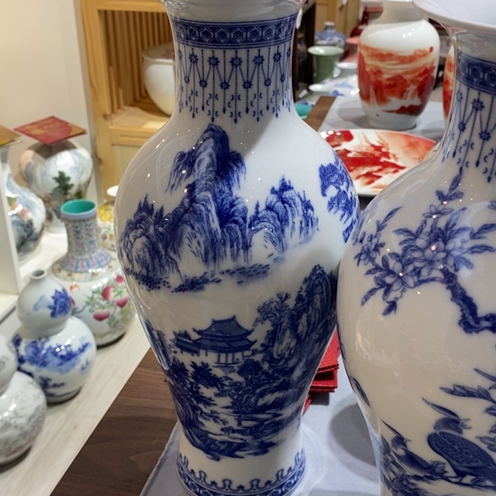 陶摆件36cm青花山水鱼尾