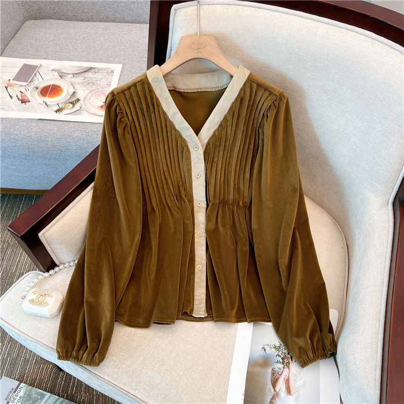 4228大码女装胖MM时尚韩版遮肉减龄显瘦百搭V领衬衣上衣女3088