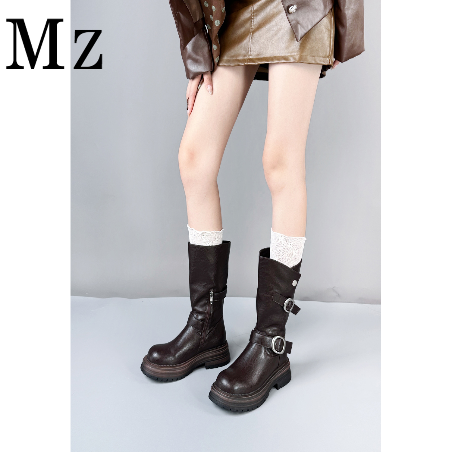 Mr.Zheng/5cm/复古圆头皮带扣厚底英伦风中筒靴秋冬新款骑士靴