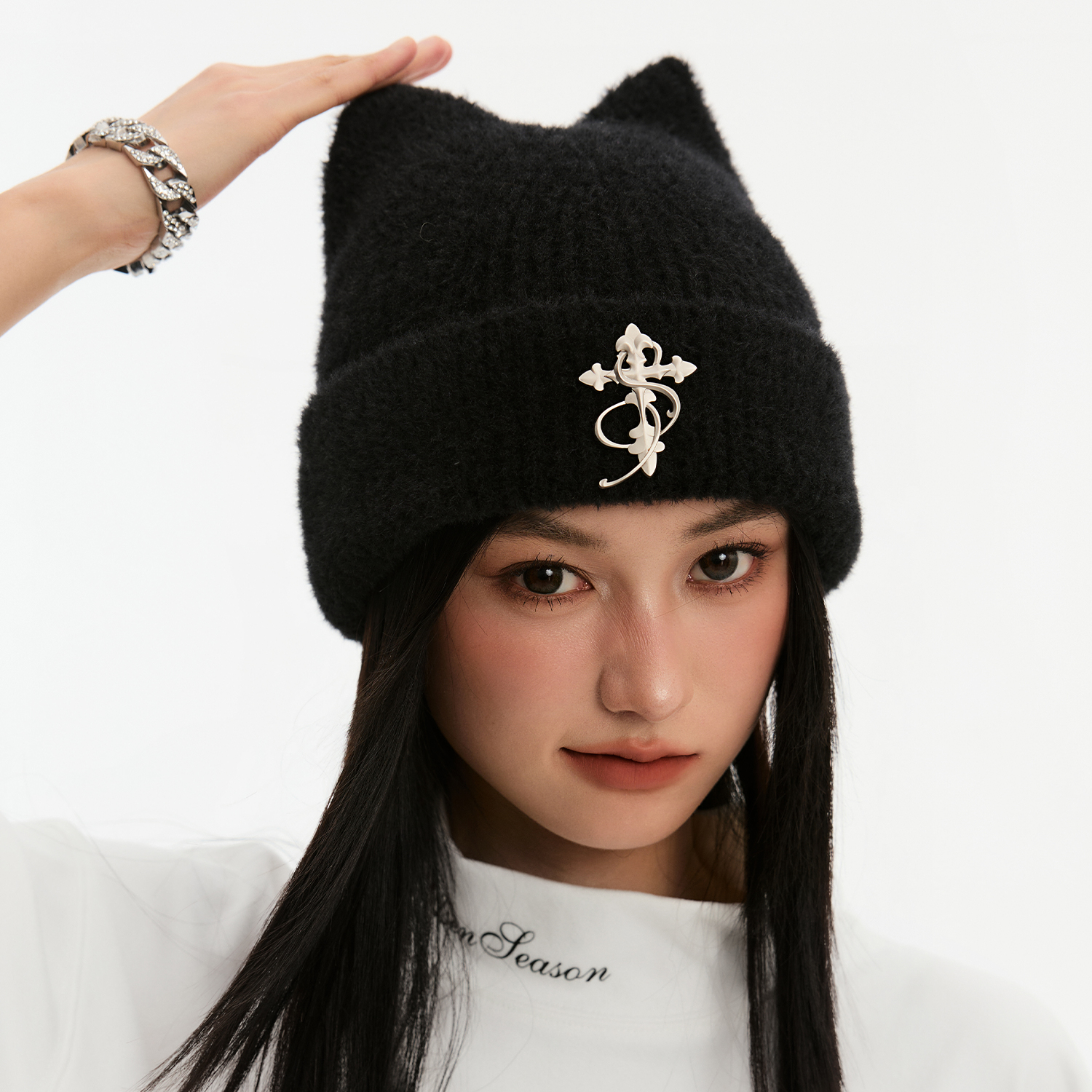 STK SmallTownKid  仿貂毛猫耳朵冷帽软萌可爱包头冷帽