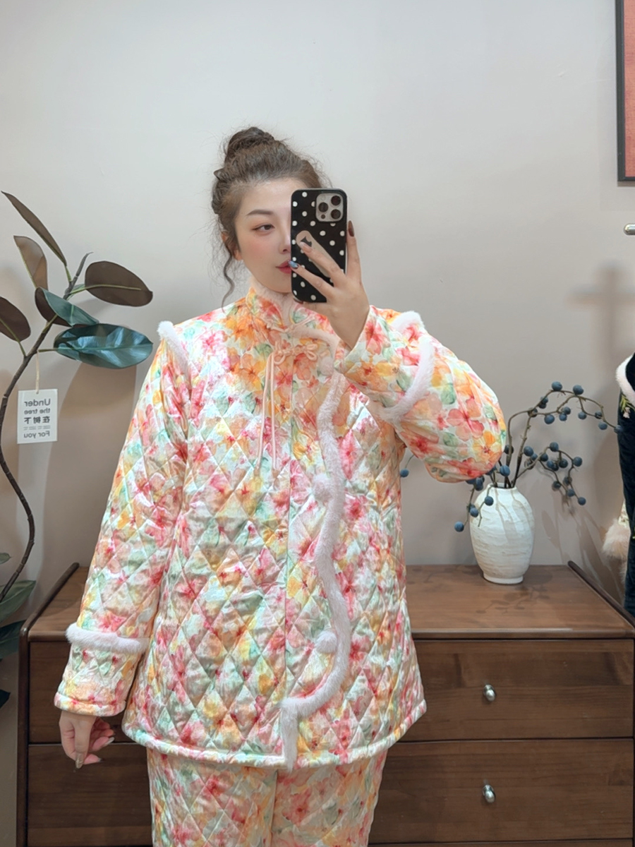 2025冬季女款睡衣碎花国风加绒加厚夹棉可外穿家居服套装