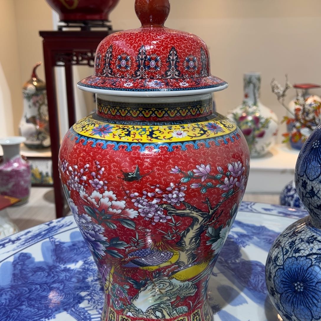 摆件陶36cm红色花鸟将军罐
