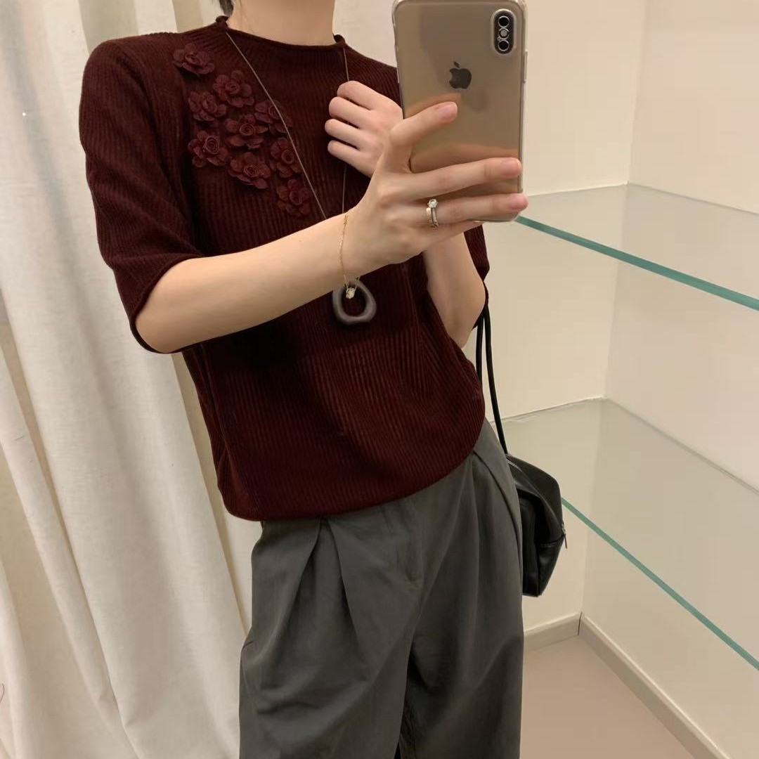 花朵针织显瘦套头圆领见外包装针织衫毛针织衫老钱风