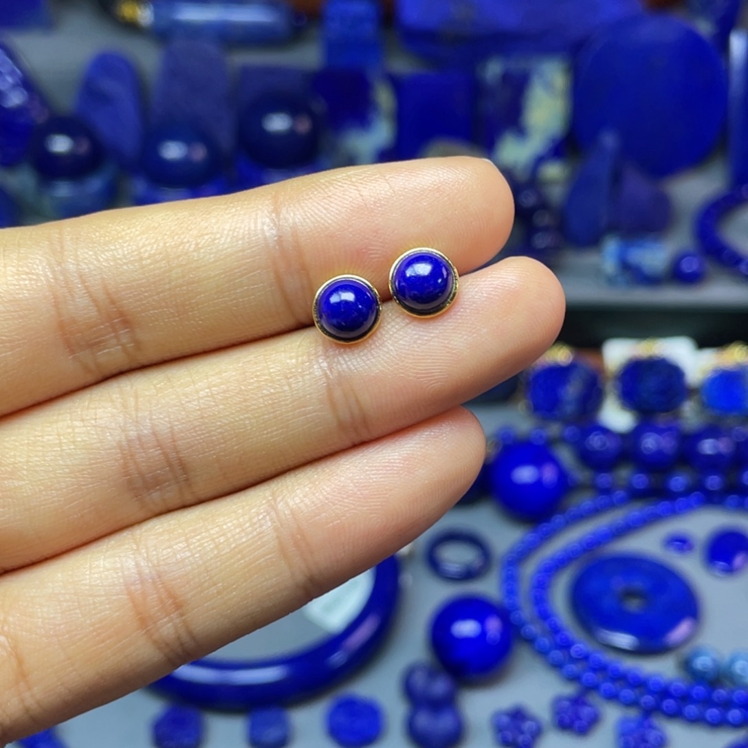 青金石银S925镀金镶嵌7mm耳饰