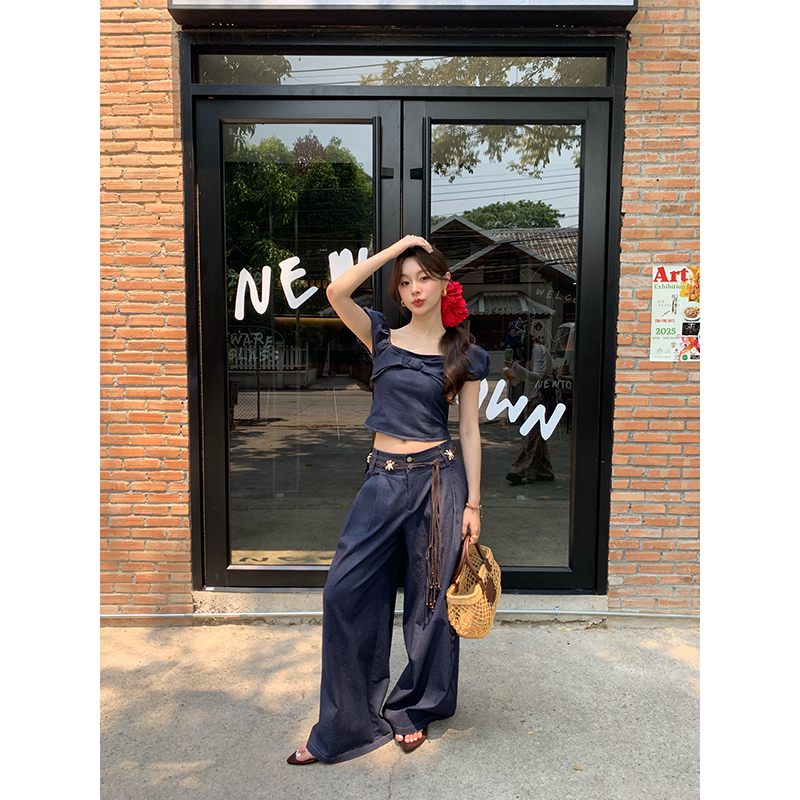 NEWOPEN夏季裤装高级感时尚复古蓝色牛仔套装女装裤子两件套S5208