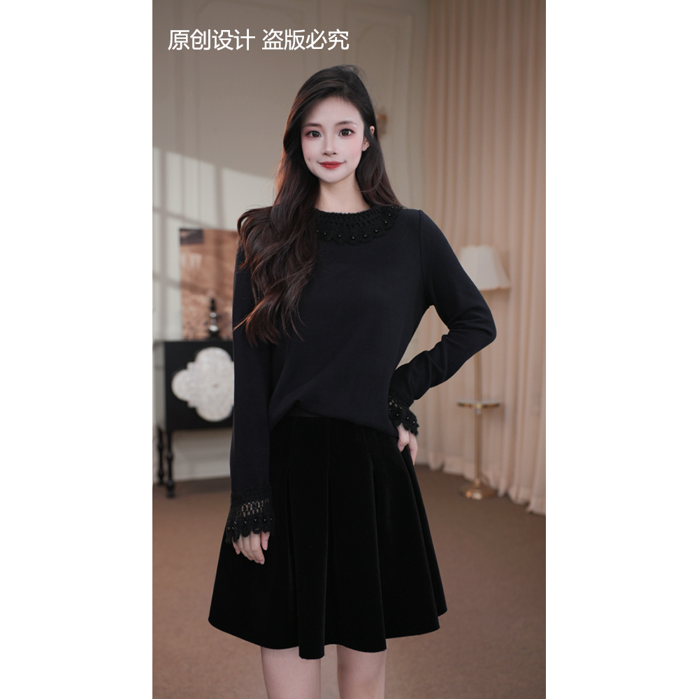 旷宁宁·曼城千金·秋冬装钉珠圆领设计感女士小衫上衣女装-