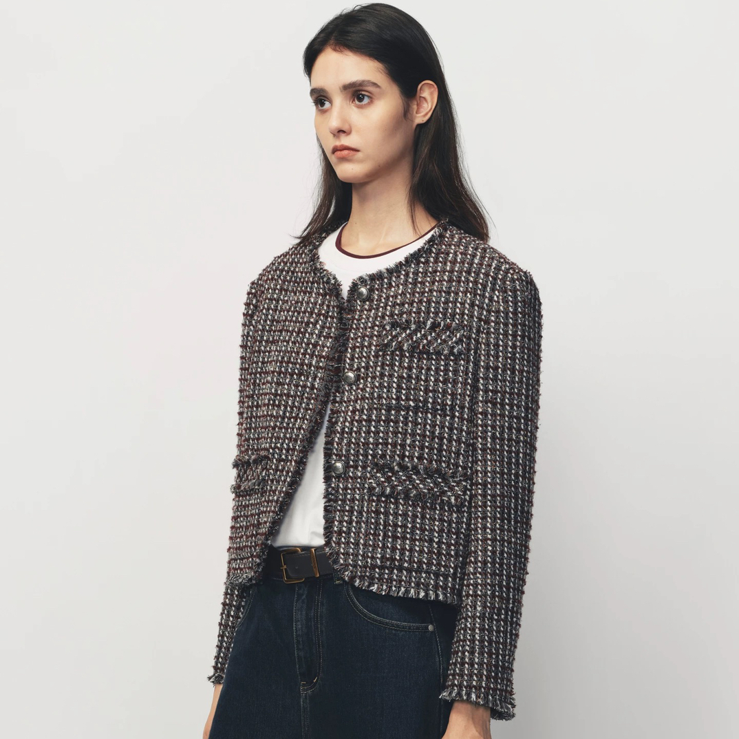 AVVENN毛边细节圆领廓形小香风外套时髦优雅风