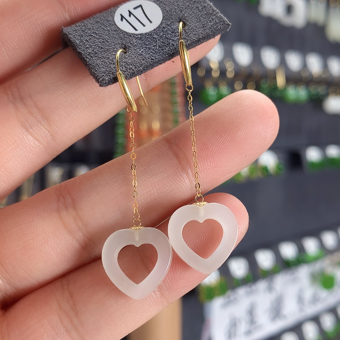 和田玉耳饰18K金镶嵌117