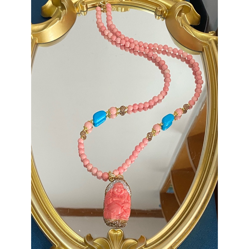 铜合金合成锆石项链 时尚百搭粉色佛公项链3029