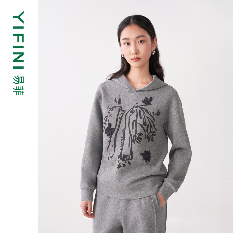 【Yifini】专柜同款信鸽灰趣味图案休闲百搭宽松短款卫衣C09W1008