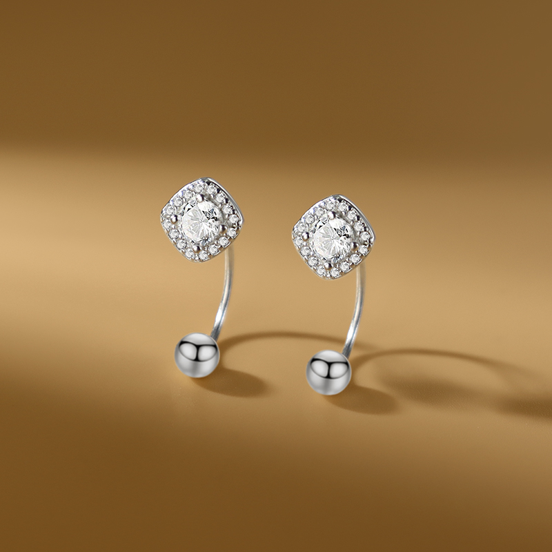 言若银匠 足银耳饰 纯银耳钉女满钻轻奢方糖弯钩免摘养耳洞ED353