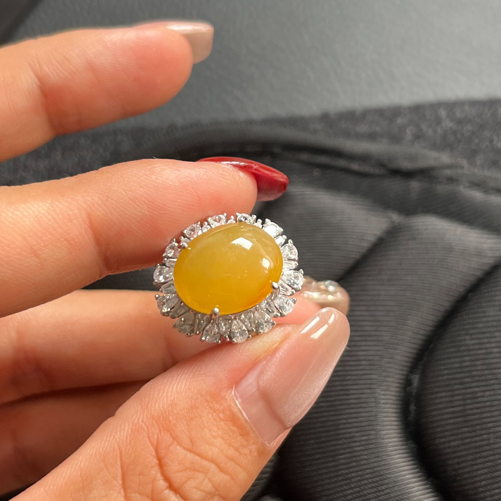 925银镶嵌 缅甸天然翡翠A货 冰黄翡  戒指 尺寸13.5。11。6