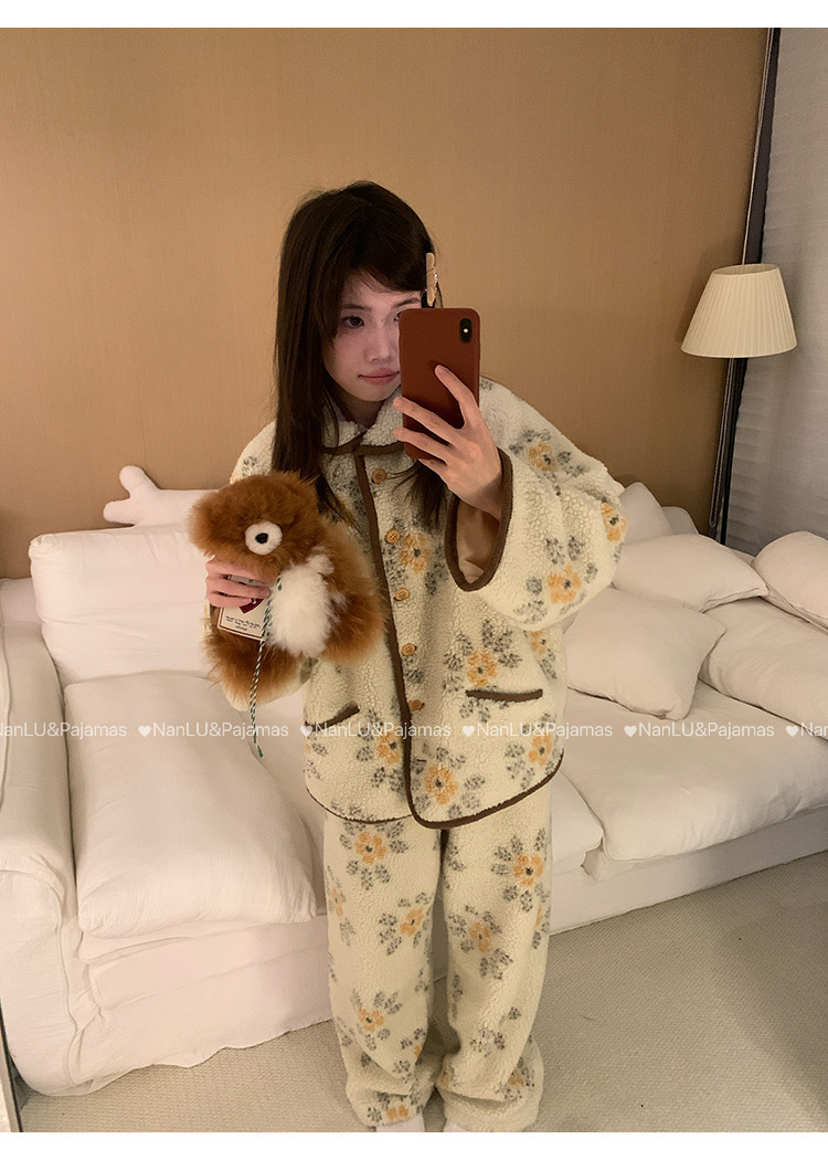 碎花团子双面烫光热力绒一套过冬日常可外穿睡衣居家显白