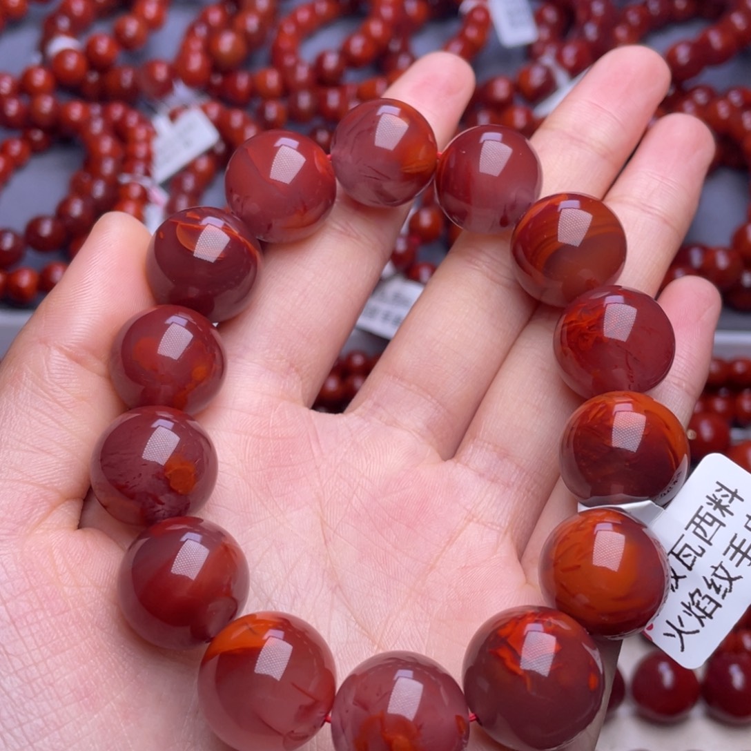 南红玛瑙未镶嵌其他16mm精品瓦西玫瑰红火焰圆珠手串
