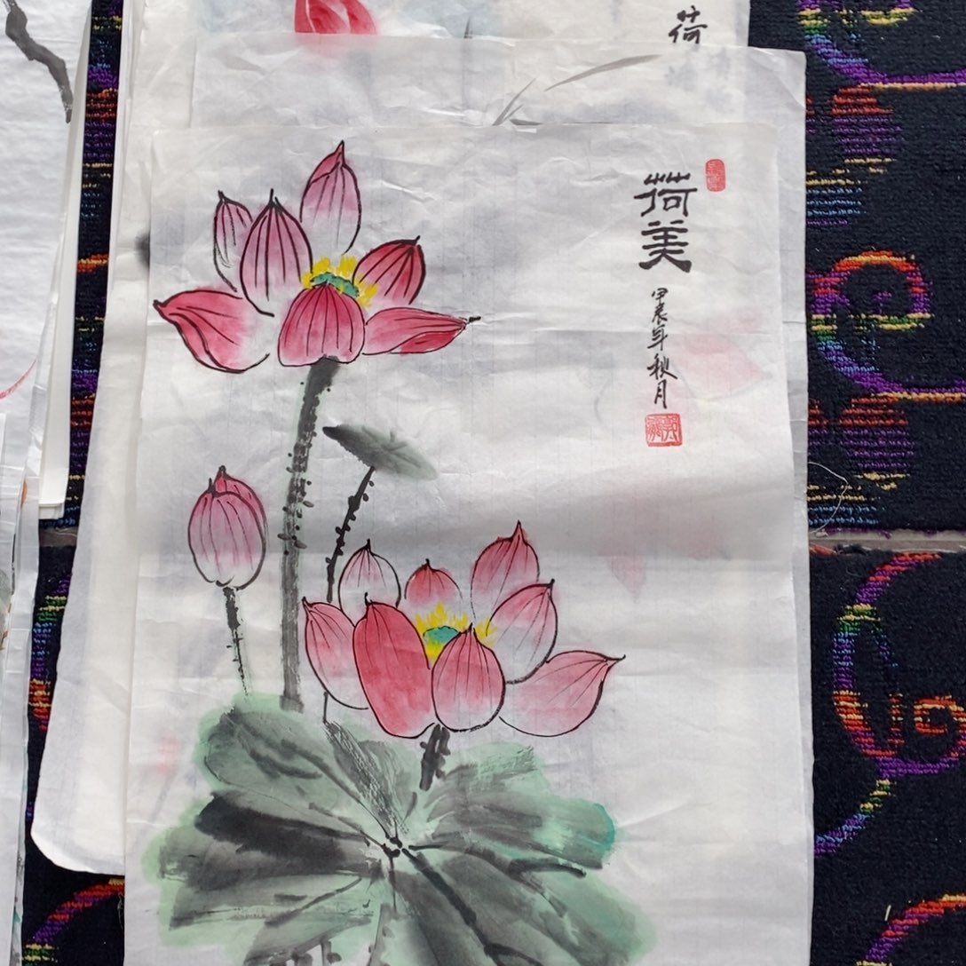 国画郭鹏四尺三开花鸟朱
