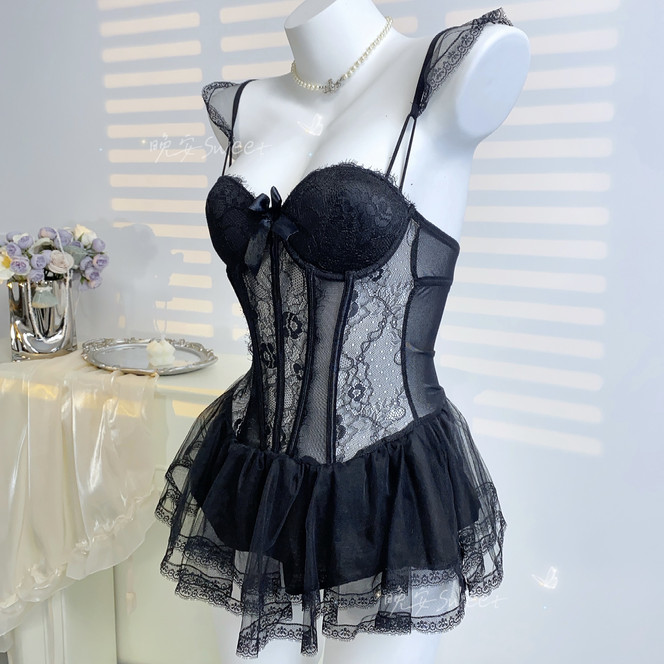 邂逅【80-140】性感蕾丝纯欲风吊带睡裙女钢圈胸垫聚拢秋冬睡裙小胸