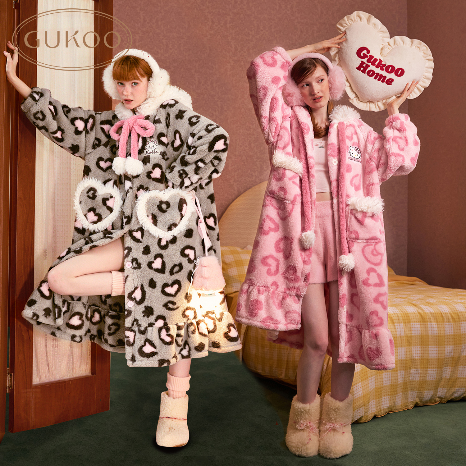 【Gukoo果壳】公主风秋冬睡衣豹纹系列加绒加厚可外穿女士家居睡袍