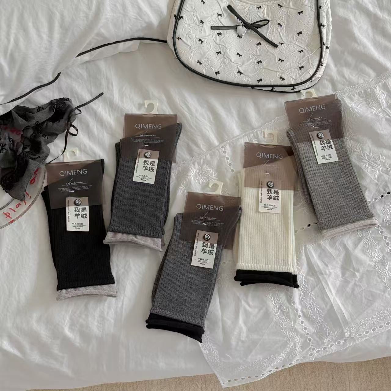 【ＲＨ·家】加厚款条纹中筒女透气中筒袜冬款羊绒袜