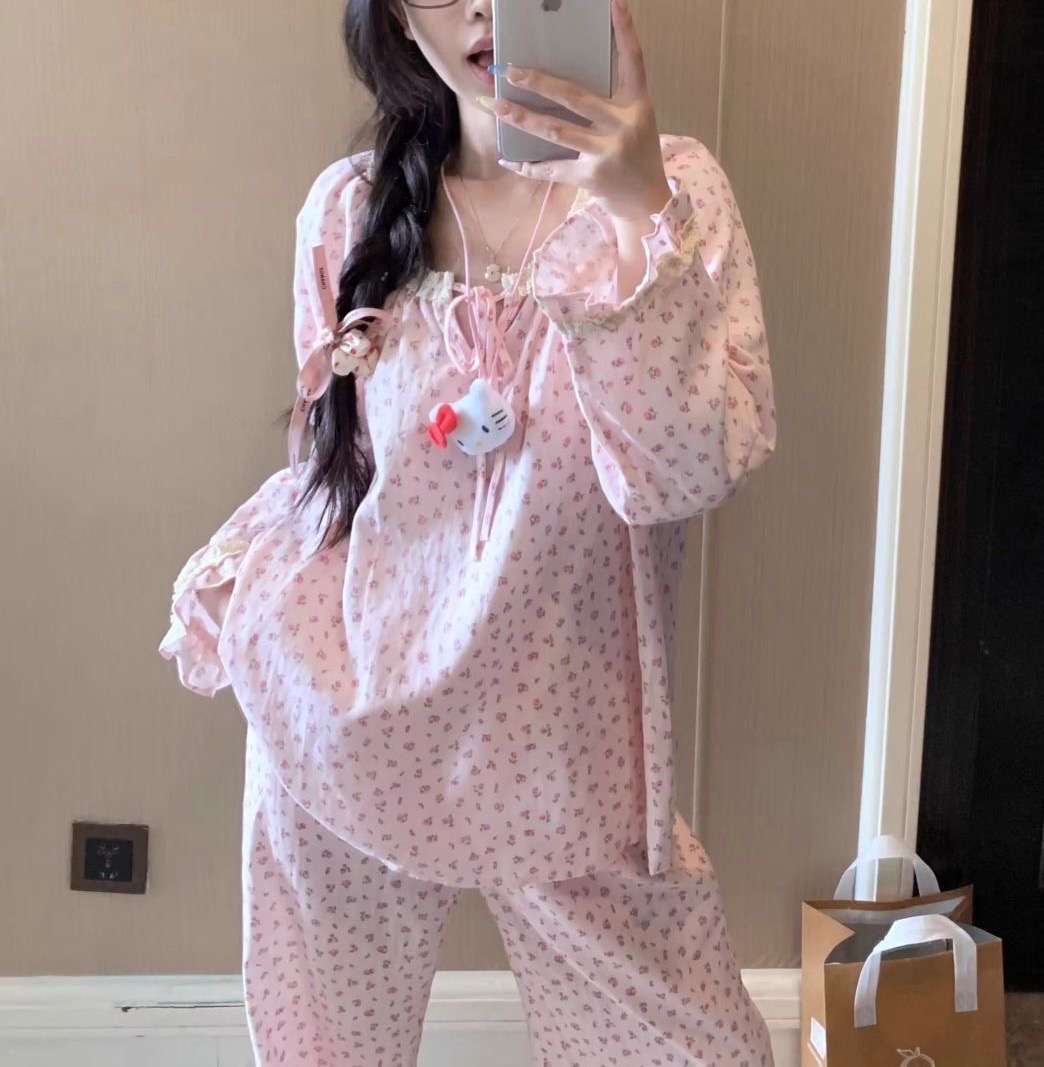 韩国ins新款蕾丝拼接甜美花边温柔碎花慵懒家居服睡衣套装