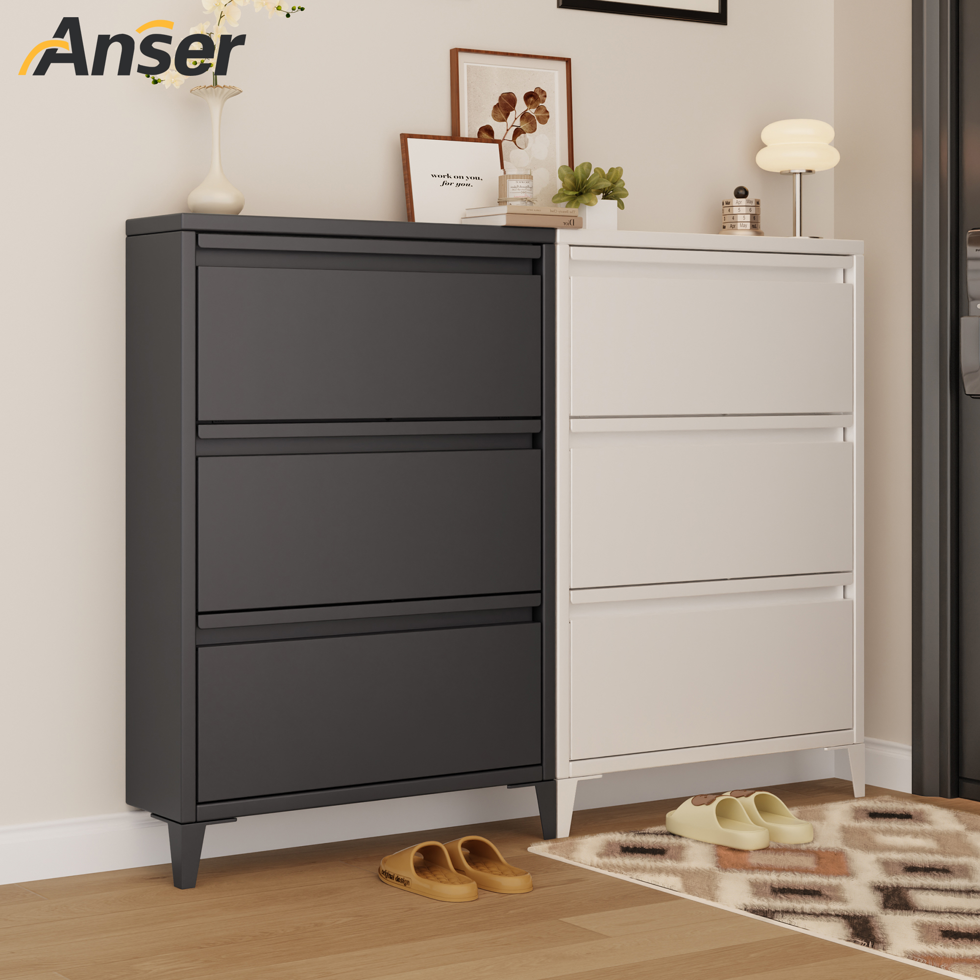 安圣瑞简约超薄12厘米钢制一体式鞋柜大容量翻斗鞋柜