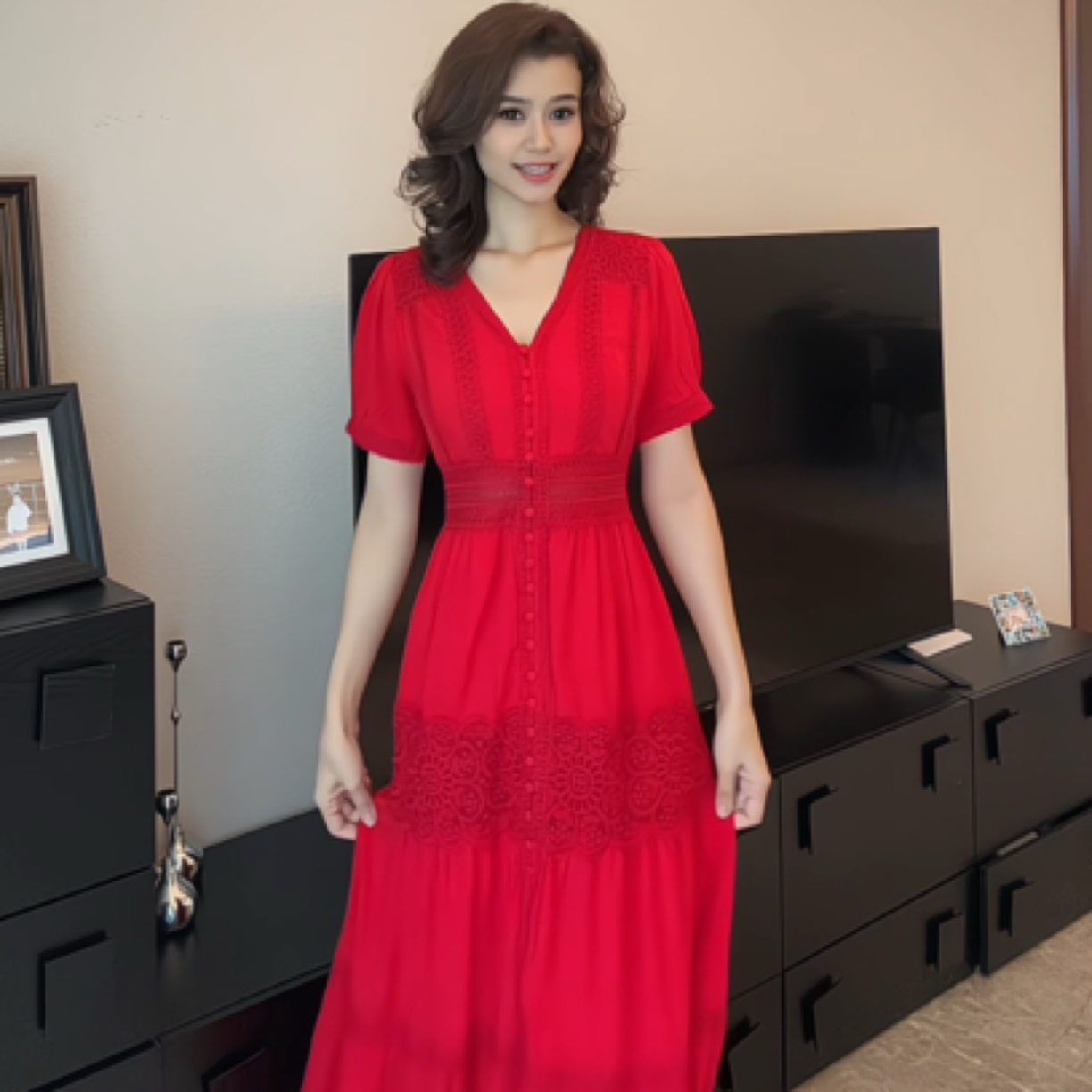 节日款大红色显瘦重工花边连衣裙
