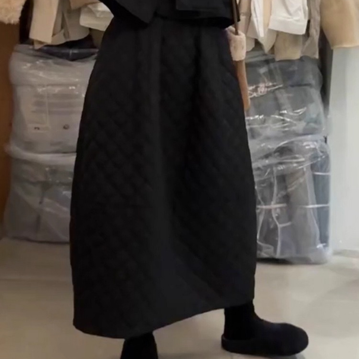 黑色菱格夹棉花苞型半身裙女2025新款高腰灯笼棉裙子 