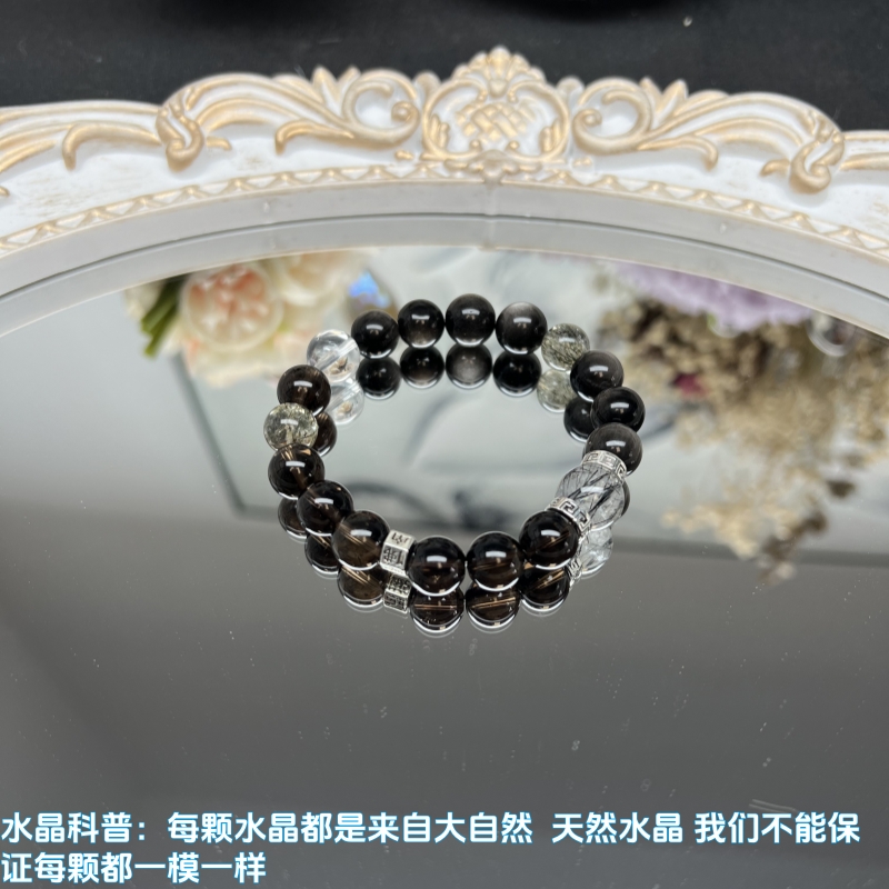 【黑金刚武士】天然水晶手串手链10mm 茶水晶+银曜+黑发+黑金超七