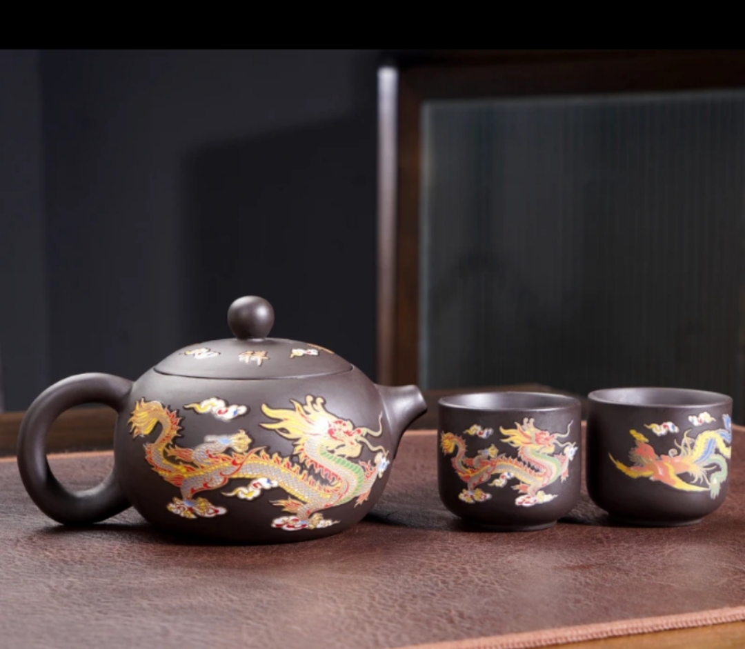 紫砂泡茶壶遇热变色龙凤呈祥凤鸣西施壶（一壶二杯）