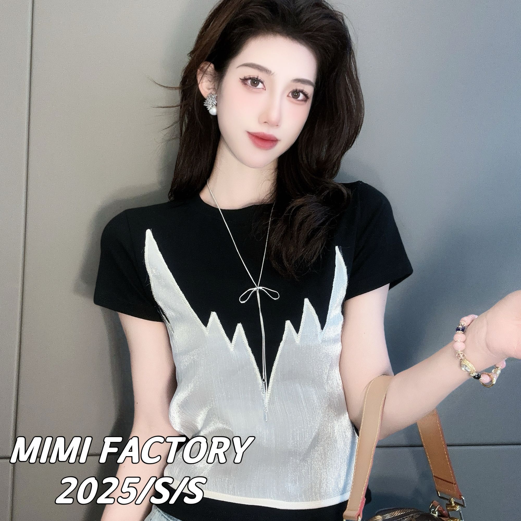 芈芈 2025新款短袖 欧货撞色拼接设计时尚T恤短袖女修身上衣4506