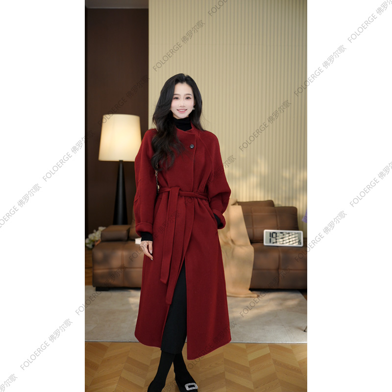 雷雷新款羊驼毛羊毛加厚长款腰带设计师大衣