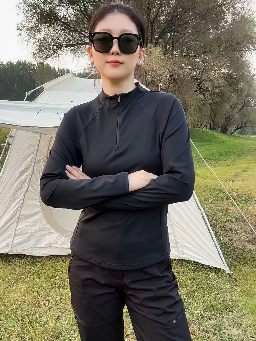 【五感推荐】运动T恤速干女瑜伽登山户外长袖修身型针织保暖立领女