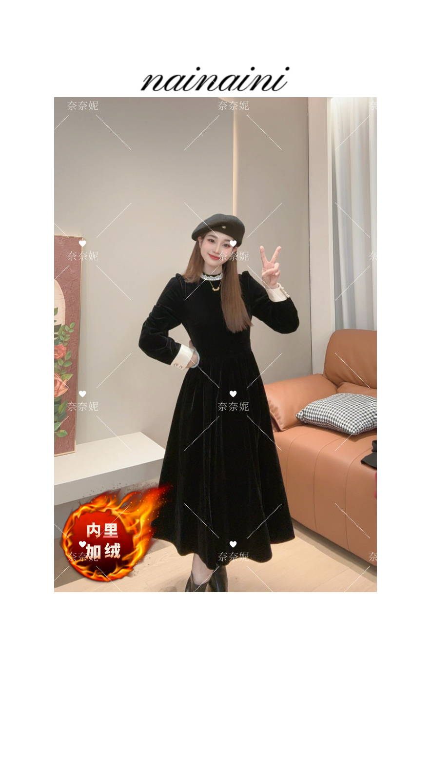 奈奈妮【月光女生】丝绒连衣裙2025秋冬新款显瘦洋气时尚百搭3256