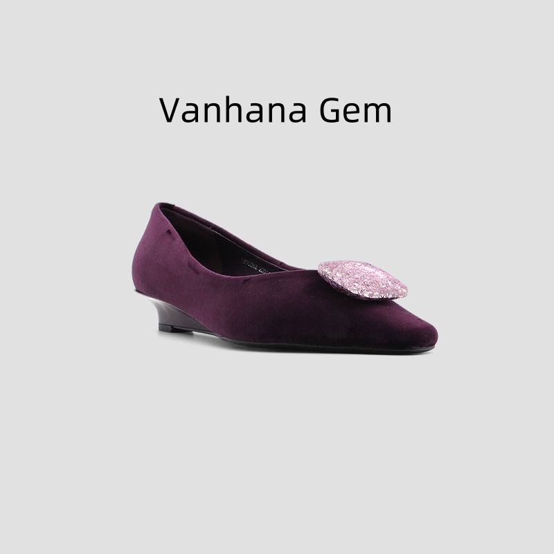 VANHANA GEM新款尖头低跟单鞋女金丝绒浅口圆扣水钻跟鞋13060620