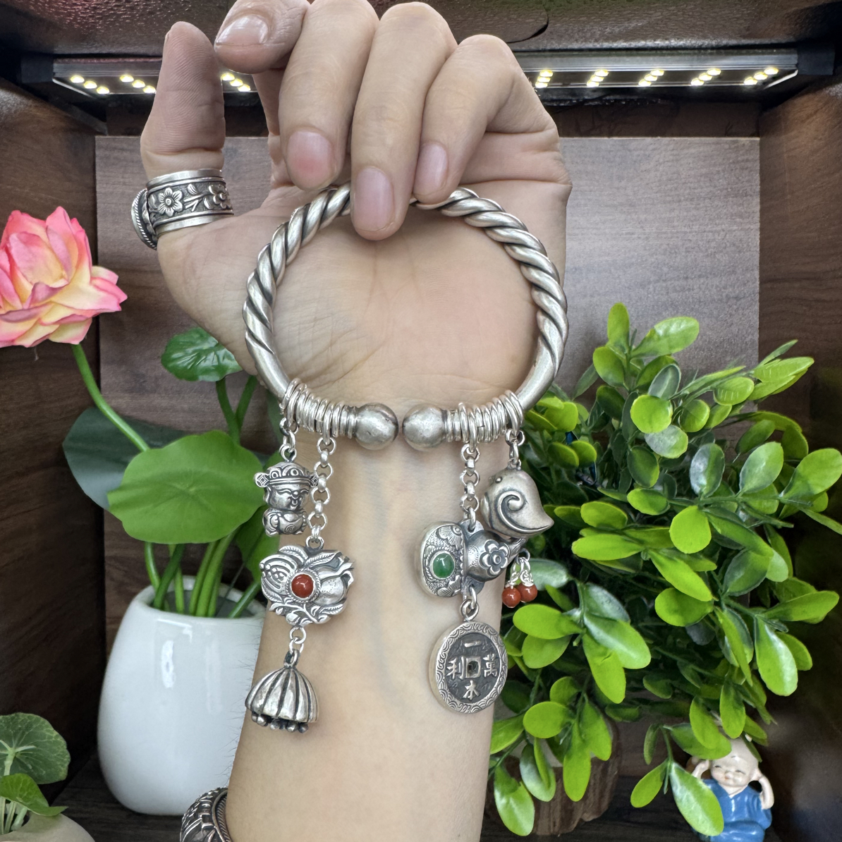 足银手镯 小郑家纯银手工錾刻手镯