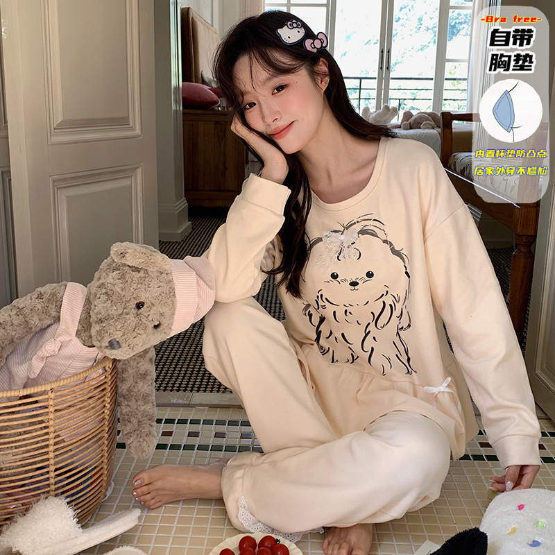 女孩家居服长袖长裤带胸垫秋冬季新款睡衣套装简约可爱舒适可外穿
