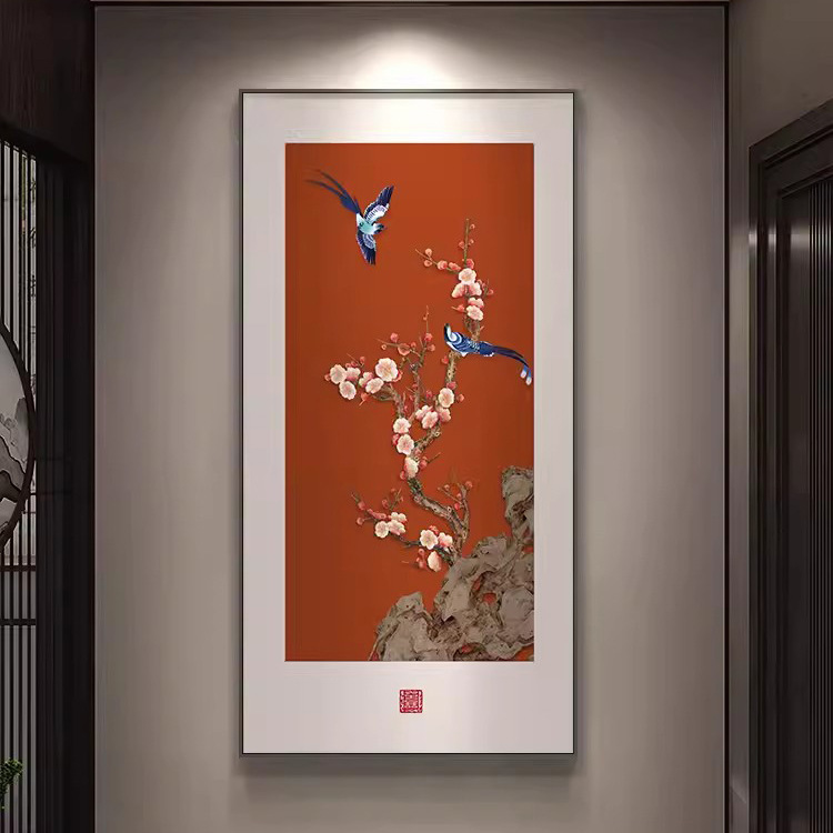 喜气玄关装饰画新中式入户挂画竖版红色花鸟图走廊过道寓意好壁画