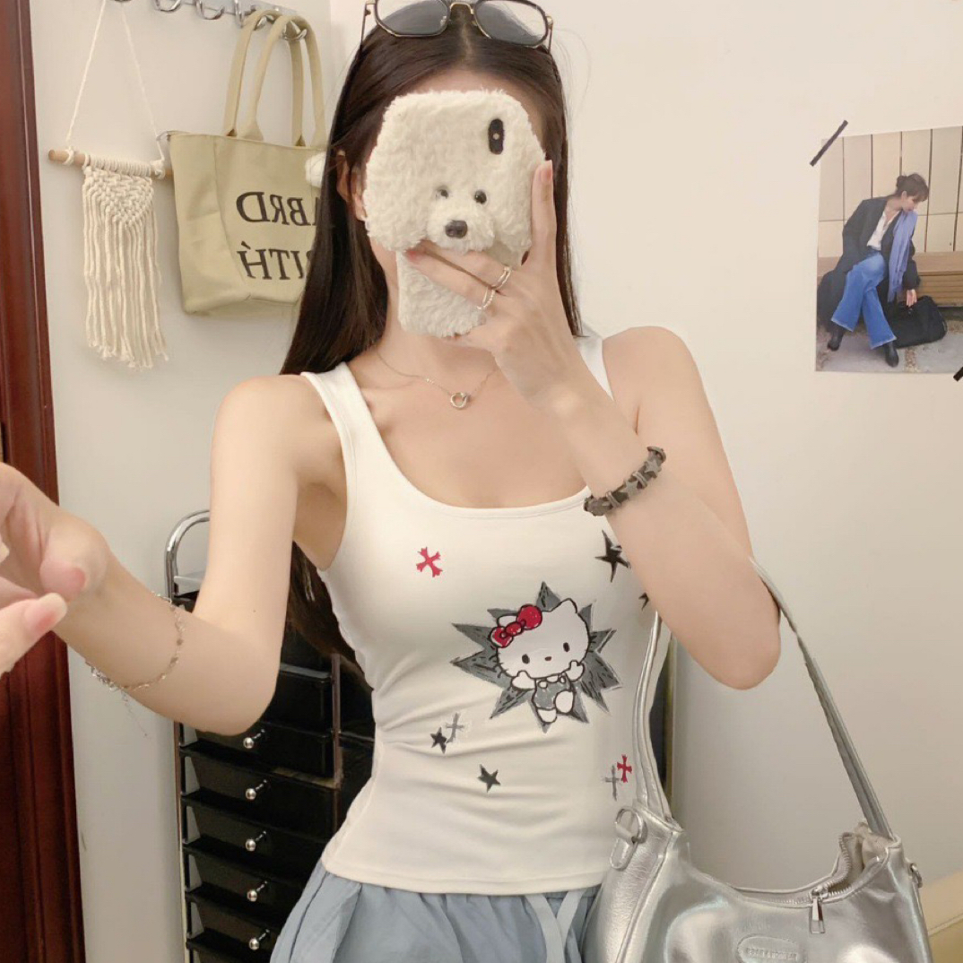 美式复古凯蒂猫印花短款修身吊带背心女夏季甜辣外穿百搭上衣