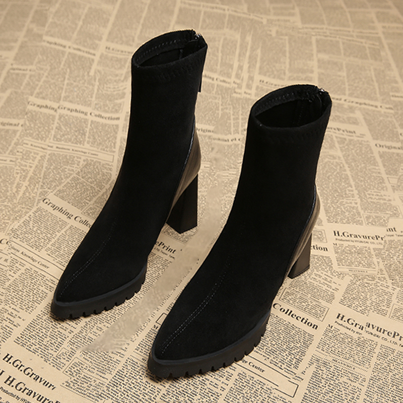 真皮靴子女秋冬新款百搭短靴洋气爆款气质尖头瘦瘦靴粗高跟马丁靴