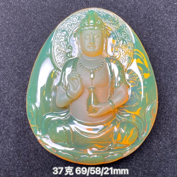 【小伊琥珀】37克黄茶变色龙净水玻璃种吴柏松大师工正装观音