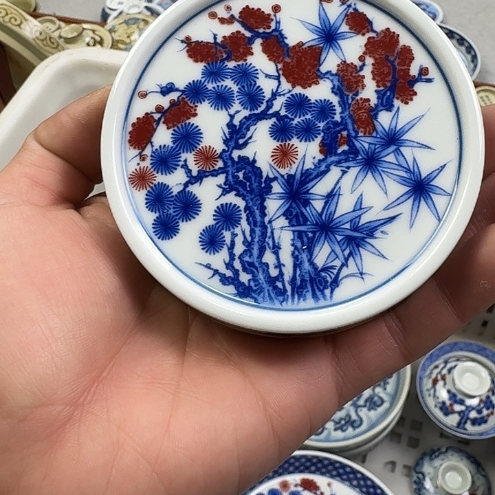 瓷片釉里红松竹梅盖置