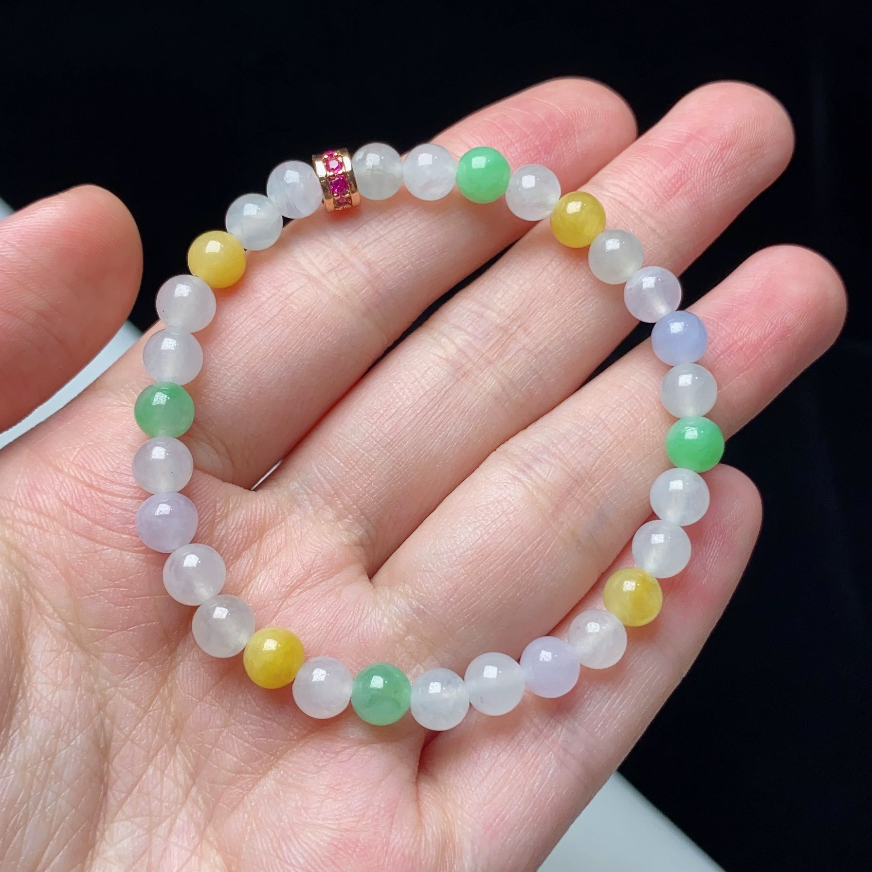 缅甸天然翡翠A货冰润多宝圆珠手链卡5.8mm彩色百搭珠珠