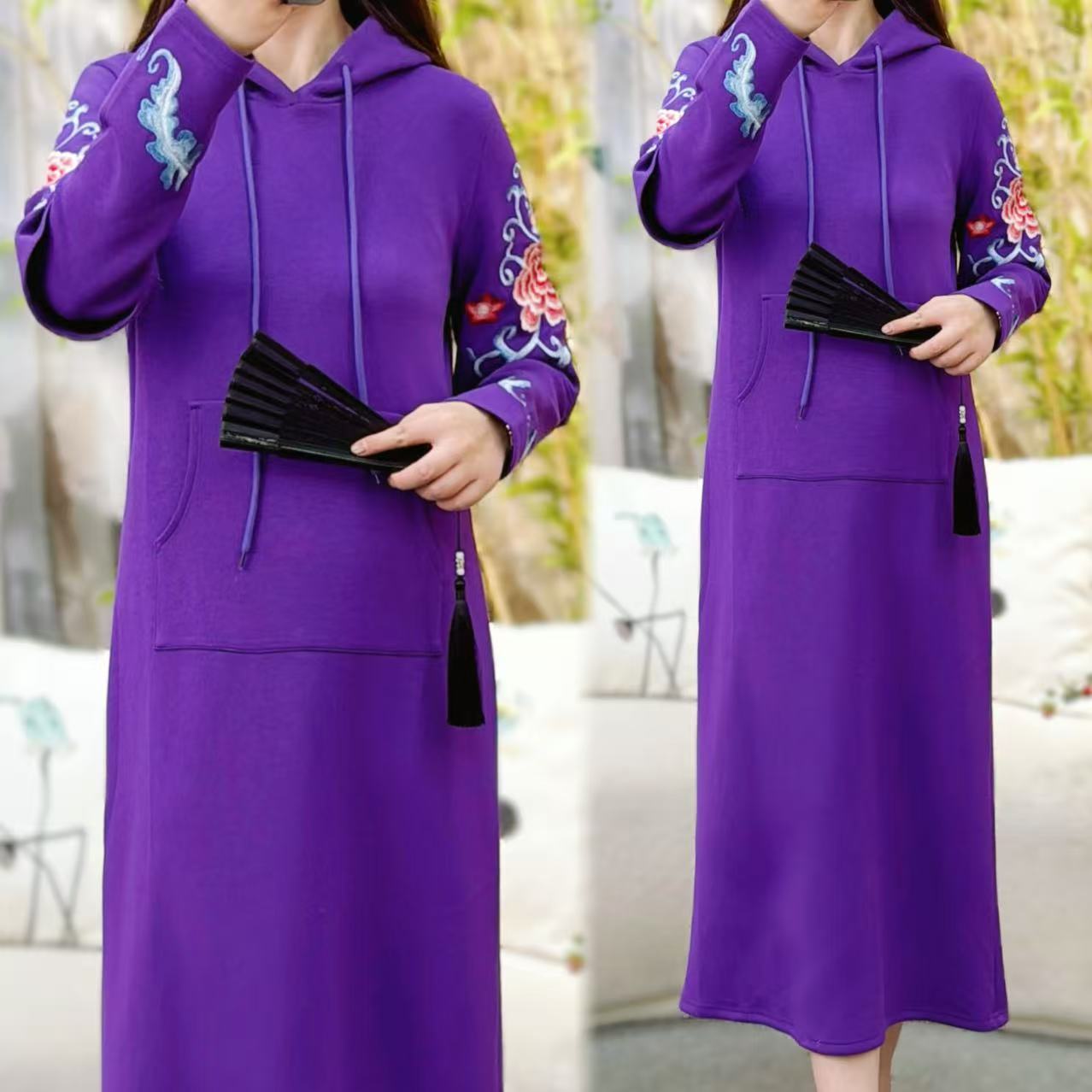 新中式国风连帽重工刺绣修身显瘦长款秋冬连衣裙长袖带帽百搭7056
