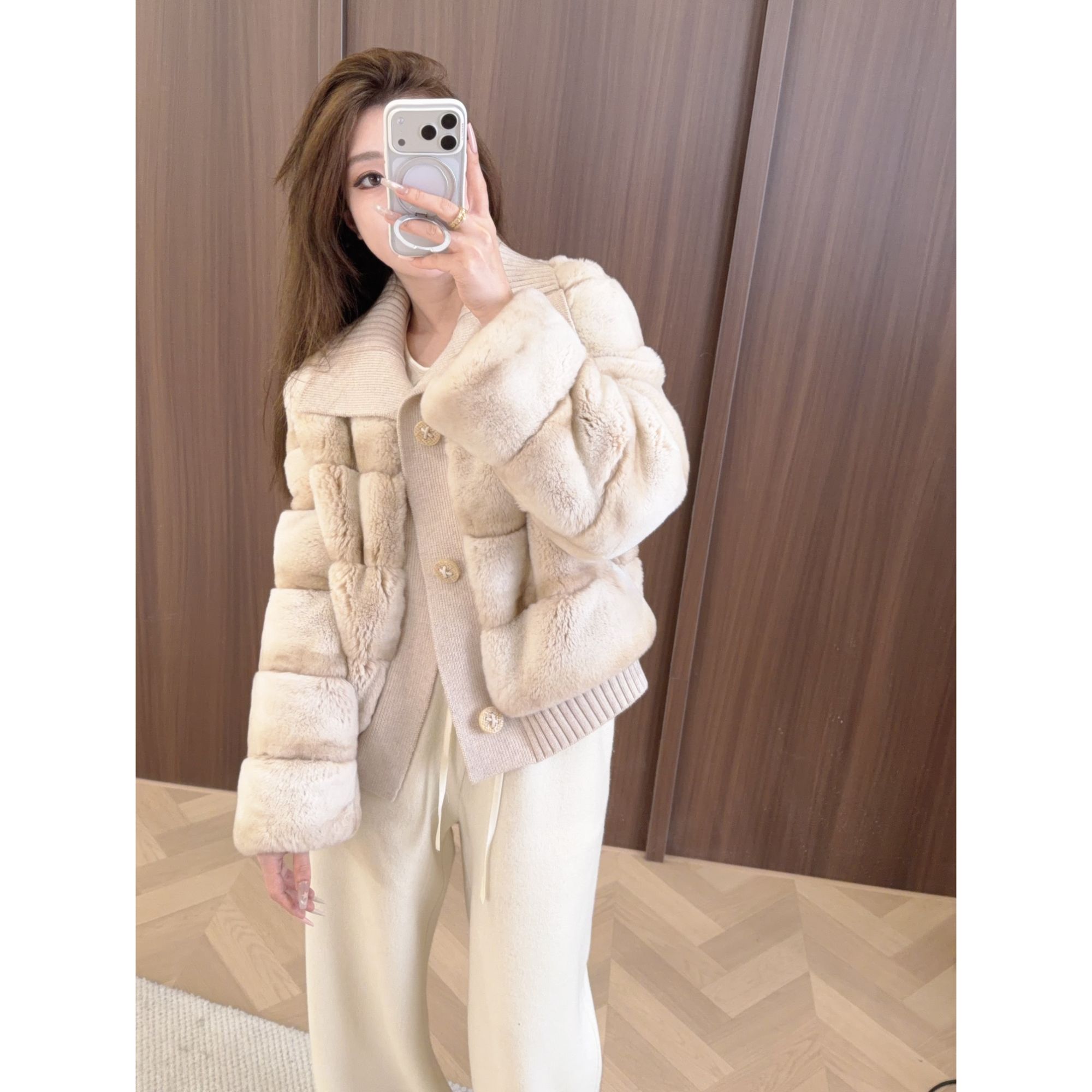 QIXIAOYAO.皮草丝绒青紫蓝兔皮毛一体皮草外套冬季新#YTSDK25T59