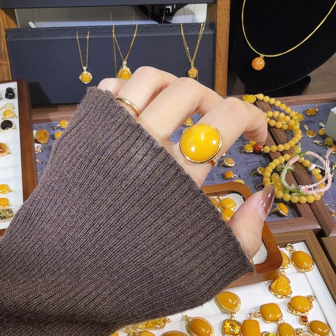 蜜蜡银S925镀金镶嵌戒指